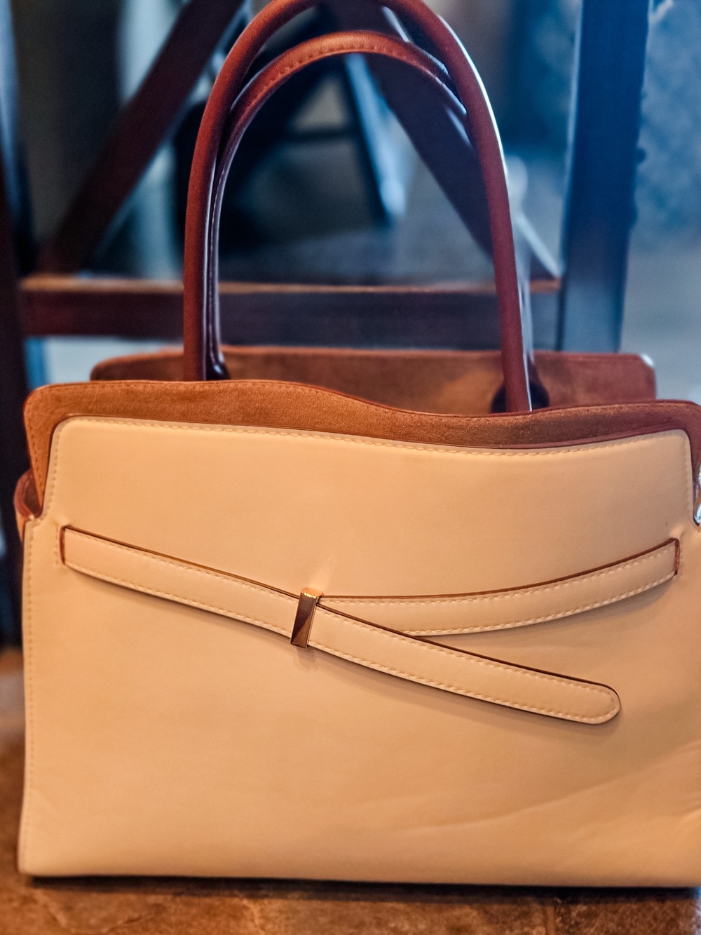 Cream and Brown Satchel with Front Strap Detail